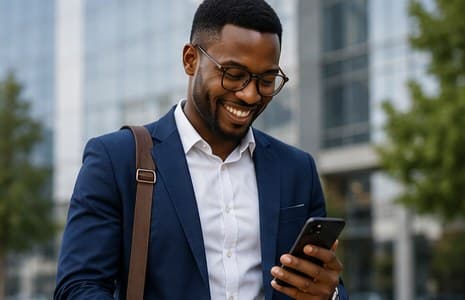 A smartly dressed young Zambian professional checking his phone outside an office building