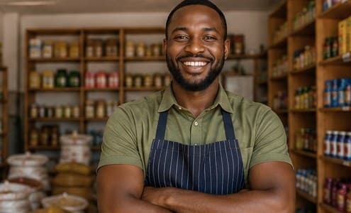 A confident Zambian shop owner standing with arms folded in his well-stocked store