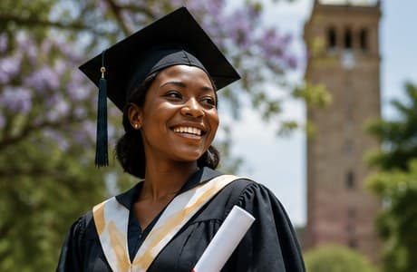 A smiling Zambian graduate in cap and gown holding her diploma on campus