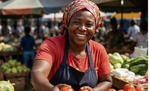 A proud Zambian market trader smiling at her stall of fresh tomatoes and vegetables